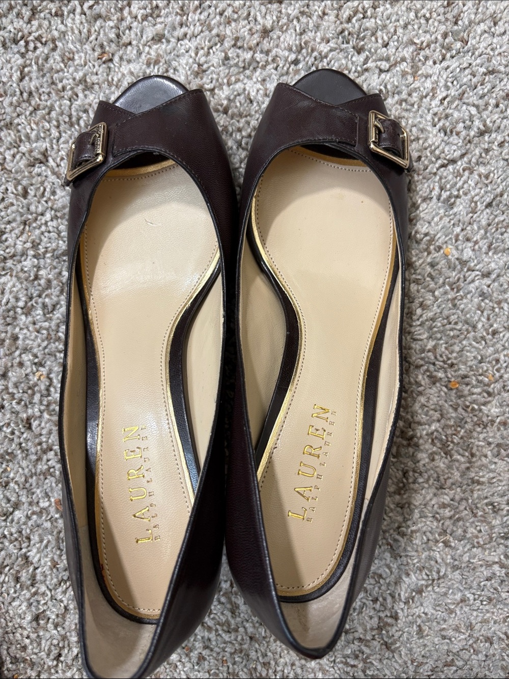 Lauren Ralph Lauren Brown Leather Peep-Toe Heel (2.5 inch) with Buckle